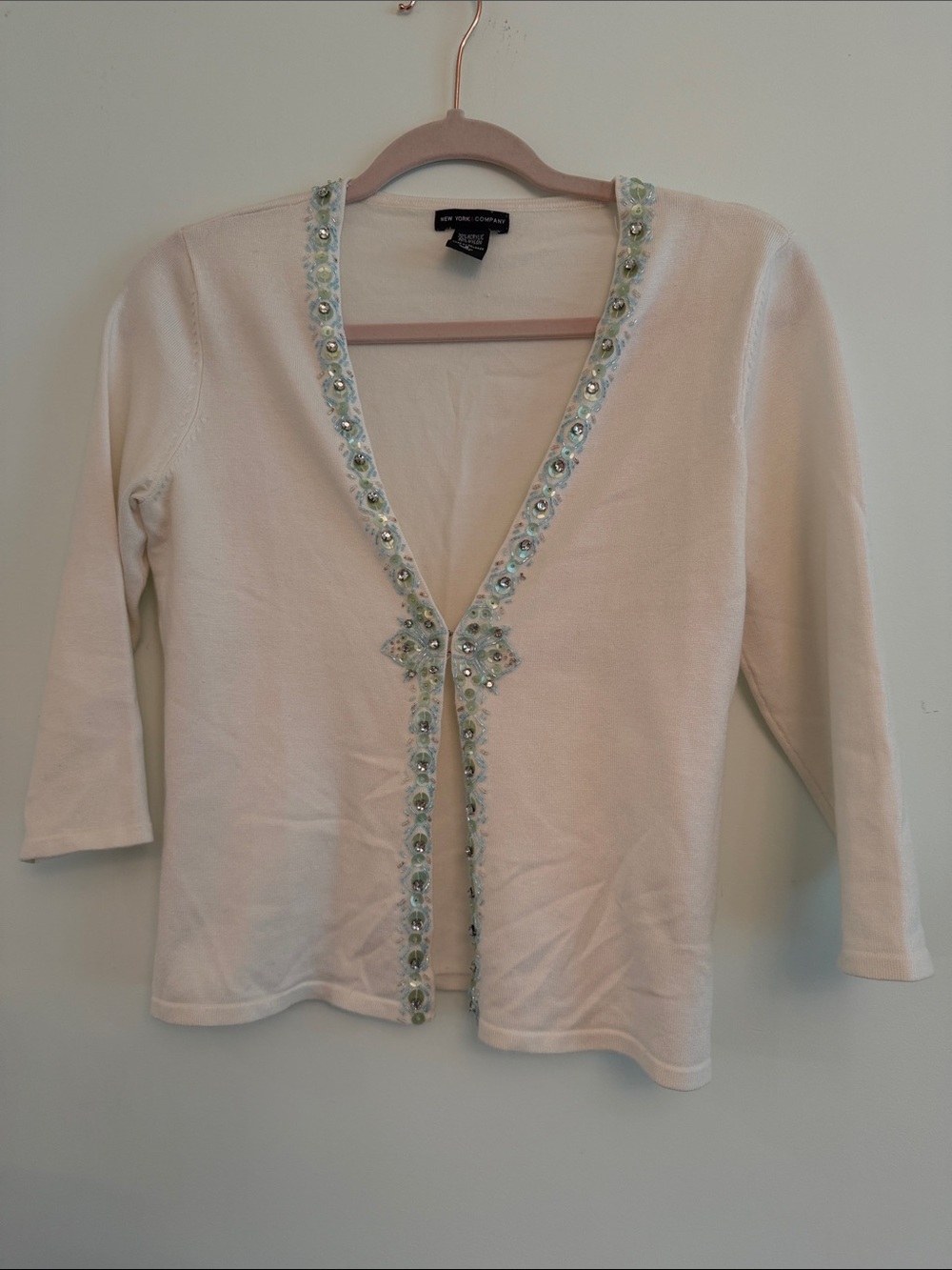 New York & Company Cream Cardigan with Beaded Trim